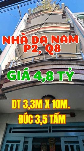 Nhà sát MT Dạ Nam P2, Q8.1trệt, 2 lầu, ST, Mái che cầu thang, 3,3mx10m