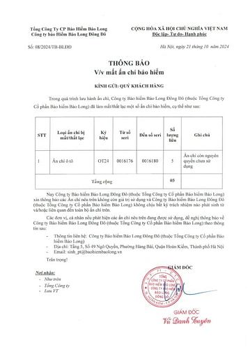 THÔNG BÁO MẤT ẤN CHỈ ÔTÔ - CTY BẢO HIỂM BẢO LÔNG ĐÔNG ĐÔ