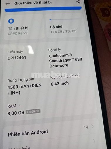 oppo reno 8 ram 12G mới đẹp, nhà xài kỹ