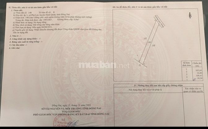 Bán 1.003m2 đất cây lâu năm Định Quán .Đồng Nai.650 triệu