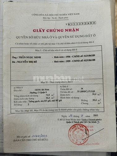 BÁN NHÀ MẶT TIỀN ĐƯỜNG SỐ 10. NHÀ ĐƯỜNG BÀ HOM, PHƯỜNG 13, QUẬN 6