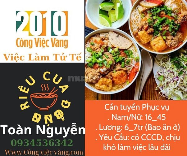 Tuyển Nam/Nữ Phụ quán Bún Riêu 