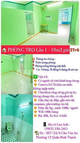 Phòng trọ sạch đẹp an ninh giờ tự do chu văn an 