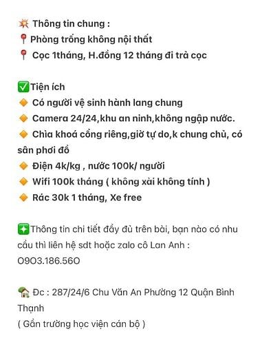 Phòng trọ sạch đẹp an ninh giờ tự do chu văn an 