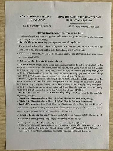Công ty đấu giá hợp danh Số 1 Quốc Gia thông báo bán đấu giá tài sản 