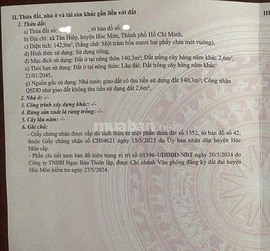 Bán gấp lô đất Tân Hiệp, Hóc Môn, 143m2, SHR, Giá 1 tỷ 050.