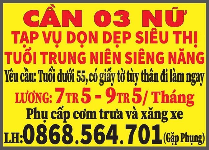 Cần Tuyển 03 Nữ Tạp Vụ Cuối Năm hoặc lâu dài 