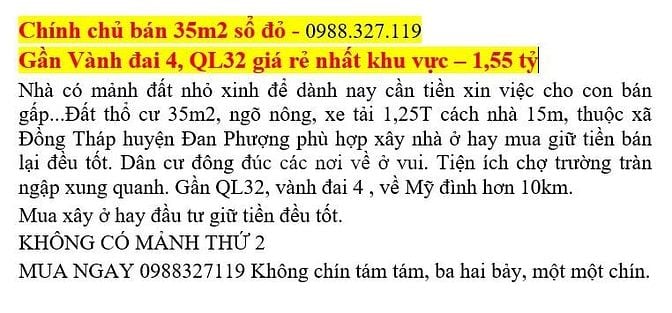 Chính chủ Bán đất Đan Phượng Hà Nội. Gần Vành đai 4. Giá rẻ 1,55 tỷ