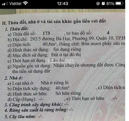 Chính chủ cần bán nhà 292/5 Bà Hạt. P9,Q10. DT 40,6m2. Chính Đông.