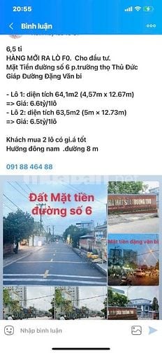 6,5 tỷ MT đ 6 sát Đặng văn bi trường thọ thủ Đức. Đường 8 M 