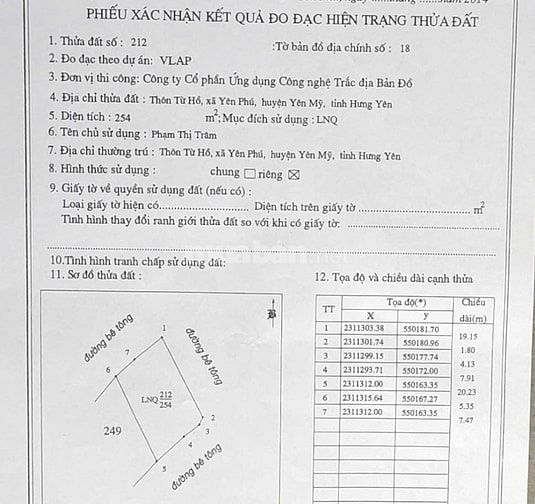 Bán đất thổ cư ở thôn Từ Hồ, Xã Yên Phú, Huyện Yên Mỹ.Tỉnh Hưng Yên