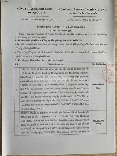 CÔNG TY ĐẤU GIÁ HỢP DANH SỐ 1 QUỐC GIA THÔNG BÁO BÁN ĐÂU GIÁ TÀI SẢN 