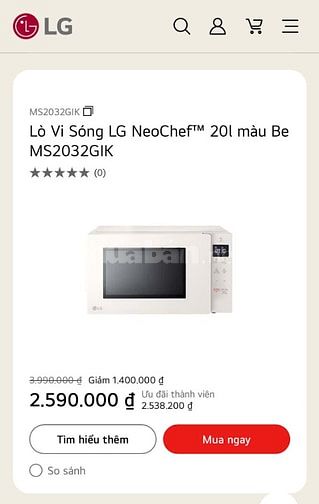 Lò vi sóng LG MS2032GIK sản xuất 2024 20L mới 100%