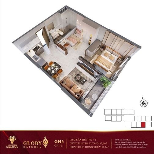 Bán Căn 1PN giá rẻ Vinhomes Grand Park 50 ký mới hdmb 2,4 tỷ 