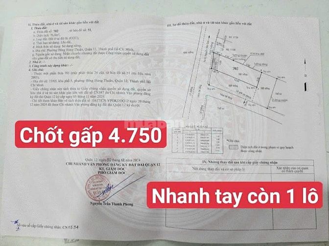 Bán nhanh lô đất 5x16 ngay cầu Tham Lương 4 tỷ 750tr hh 50 củ