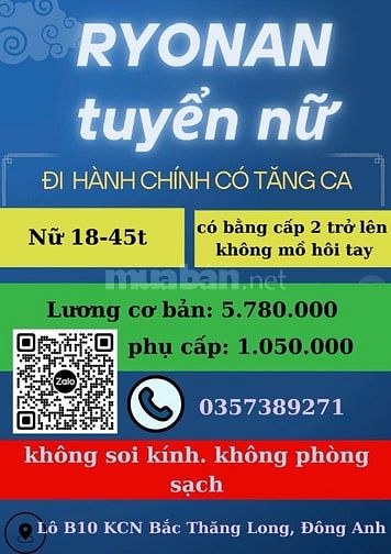 Công ty Ryonan kcn bắc thăng long nhận công nhân đi hành chính