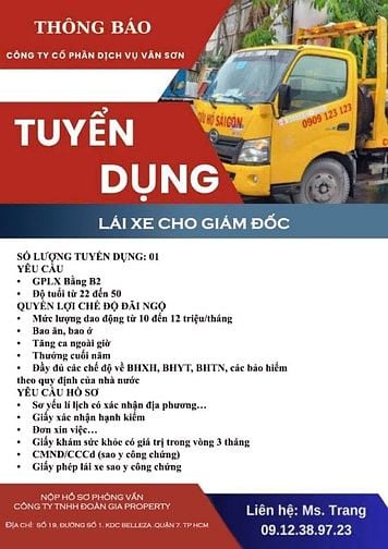 TUYỂN DỤNG:  LÁI XE CHO GIÁM ĐỐC 10 đến 12 triệu/tháng