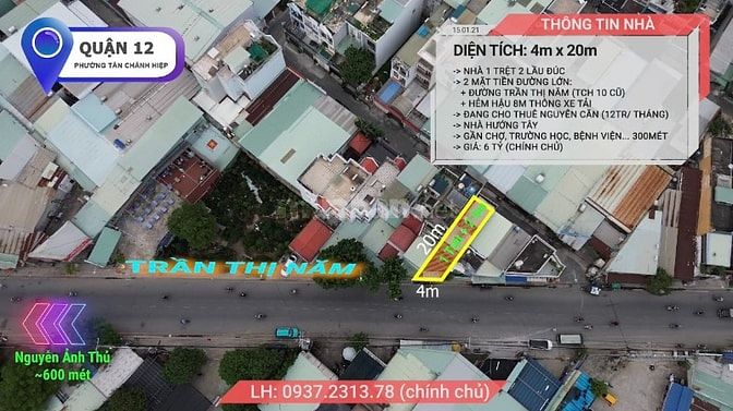 (Q12) Nhà mặt tiền đường Trần Thị Năm 1 trệt 2 lầu, hẻm hậu xe tải