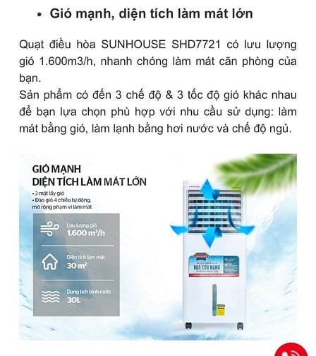 QUẠT ĐIỀU HOÀ SUNHOUSE SHD7721 30L mới 90%