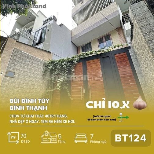 [BT124] CHDV 7 PN _ Thu 40Tr/Th _ 5 tầng tại Bình Thạnh_70m2_Chỉ 10,xT