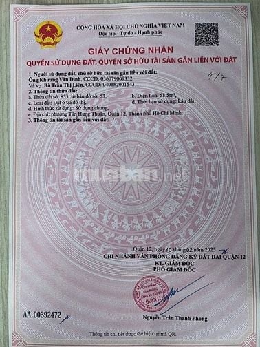 Bán lô đất sổ hồng riêng dt 4*15 hẻm 6m thông ngay Cây Sộp 4tỷ 320tr