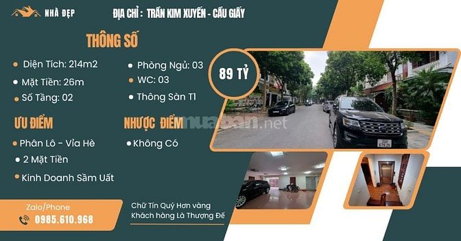 Siêu phẩm phân lô, 2 mặt tiền vỉa hè Cầu Giấy DT217m2 MT26m giá 89 tỷ
