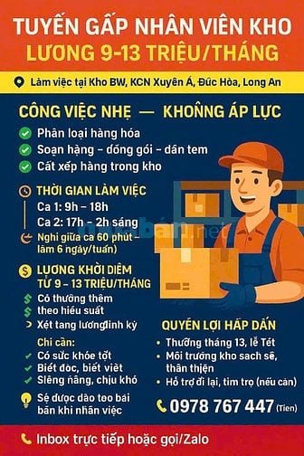 Tuyển NV kho - Phân loại, soạn hàng, đóng gói làm Long An 