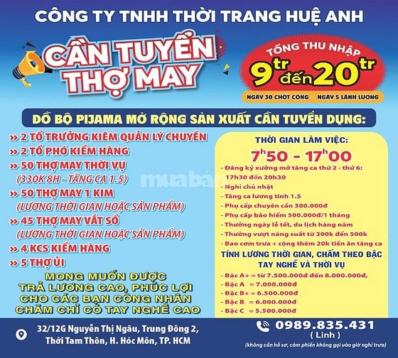 CÔNG TY TNHH THỜI TRANG HUỆ ANH TUYỂN DỤNG THỢ MAY