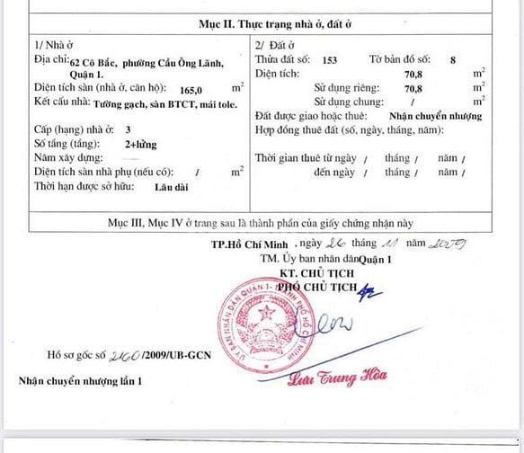 Gia đình cần bánTài sản 62 CÔ BẮC- P.Cầu Ông Lãnh-Quận 1. có hhmg 