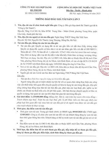 Công Ty ĐGHD Hà Thành TB BĐG TSBĐ của MSB -Lô ĐƠ 3-40, KĐTM Cẩm Văn