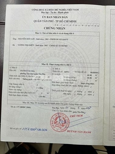 Chính chủ bán nhà 101/70/23 Gò Dầu, P.Tân Quý, Q.Tân Phú