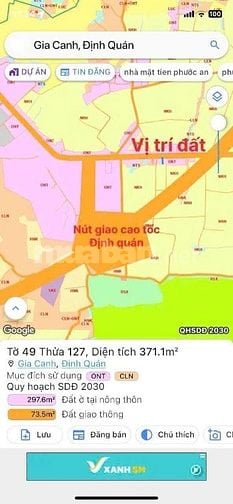 Bán đất mặt tiền gia canh dt 371m 300m thổ