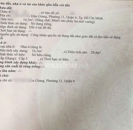 3 tầng - Hậu Giang P11 Q6 - 16,3m2 shr hoàn công - gần cầu Hậu Giang