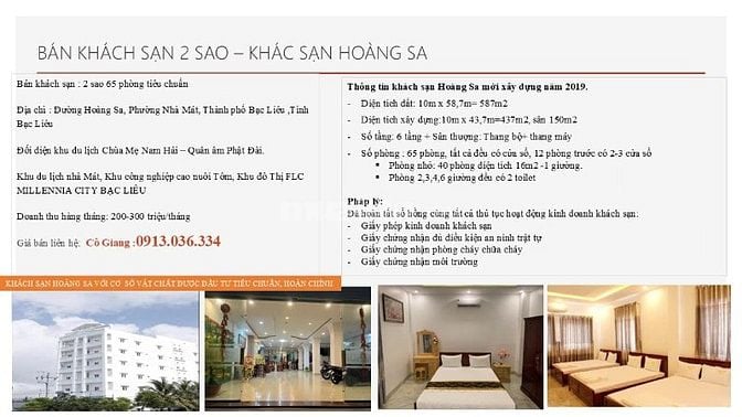 CẦN BÁN KHÁCH SẠN TẠI THÀNH PHỐ BẠC LIÊU: 2 SAO 65 PHÒNG TIÊU CHUẨN