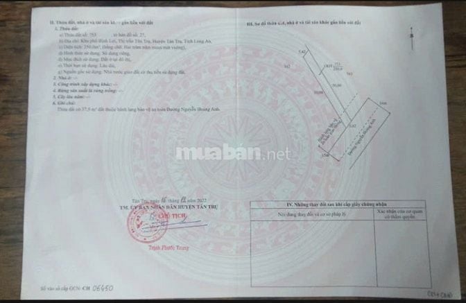 Cần bán 250m2 đất thổ cư mặt tiền đường 16m tại thị trấn Tân Trụ