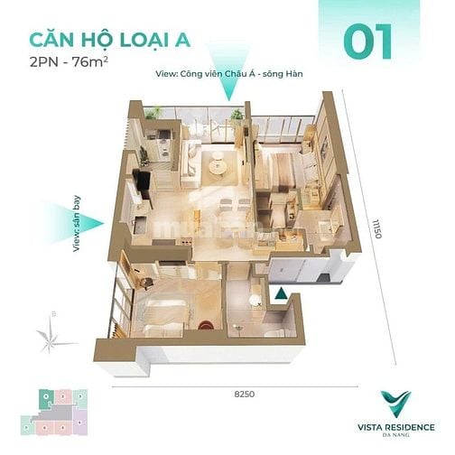  Căn hộ cao cấp Vista Residence 2PN 76m2 Quận Hải Châu hỗ trợ vay 70% 