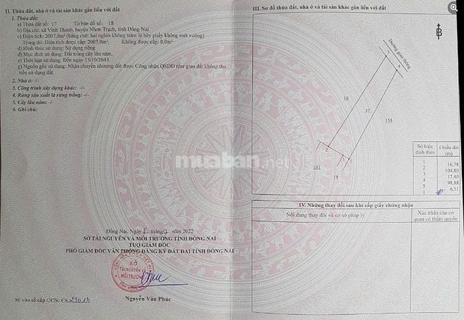 Bán Đất trồng cây lâu năm hơn 2007m2 ngay trung tâm của Nhơn Trạch