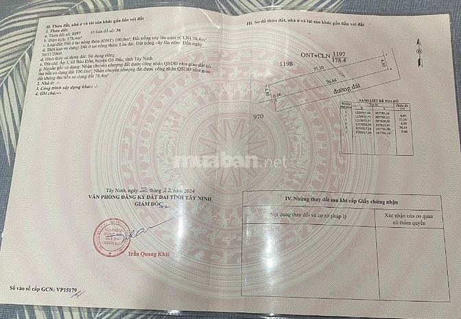 178m2 có 100m2 thổ cư. Đất 2 mặt tiền. Gần KCN. 500tr