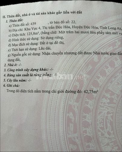 Bán đất thổ cư ngay thị trấn Đức Hòa, Long An, 125,8m2