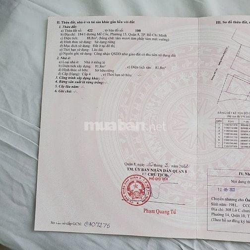 BÁN NHÀ CHÍNH CHỦ Q8- đ/c: 184/1 đường Mễ Cốc phường 15 quận 8 3,85 tỷ
