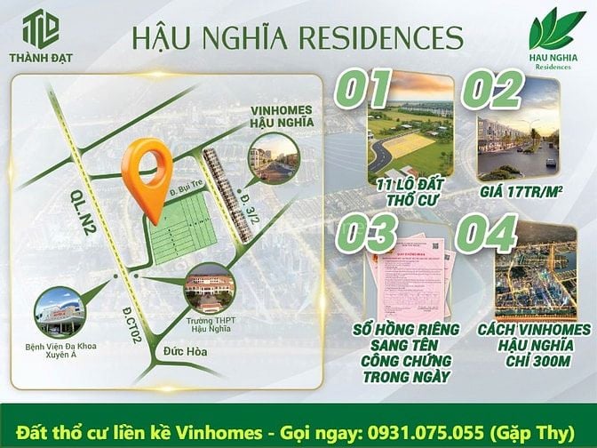 Đất thổ cư TT Hậu Nghĩa cách Vinhomes 50m mặt tiền đường lớn QL N2