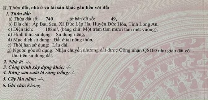 Bán đất nhà thổ cư mặt tiền đường Bàu Sen Đức Hoà Long An chính chủ 