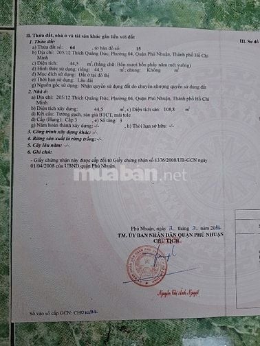 BÁN NHÀ 205/12 ĐƯỜNG THÍCH QUẢNG ĐỨC, Q. PHÚ NHUẬN 