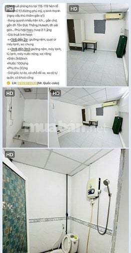 Cho thuê phòng trọ tại 119E hẻm 204 đường phú mỹ f22 quận binh thạnh