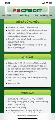 FE CREDIT tuyển NV tư vấn CSKH , giao tiếp tốt - thu nhập cực cao 
