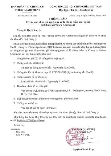Chào giá về hạng mục xử lý chống thấm chung cư 9View