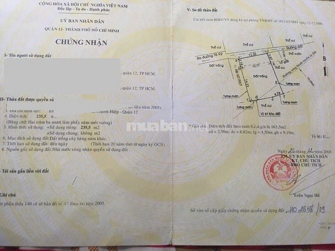 Bán ĐẤT THỔ CƯ P.Tân Chánh Hiệp Q.12 (CHÍNH CHỦ)