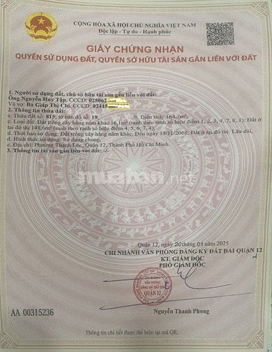 Đất mặt tiền sông, ngay trung tâm P.Thạnh Lộc, Q12, sổ hồng 2025