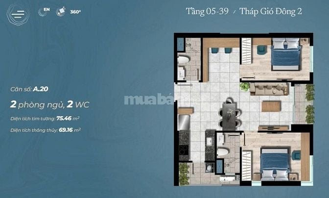 The Gió Riverside Căn hộ góc 2pn 2wc ven sông Đồng Nai TT 3 TP MĐ