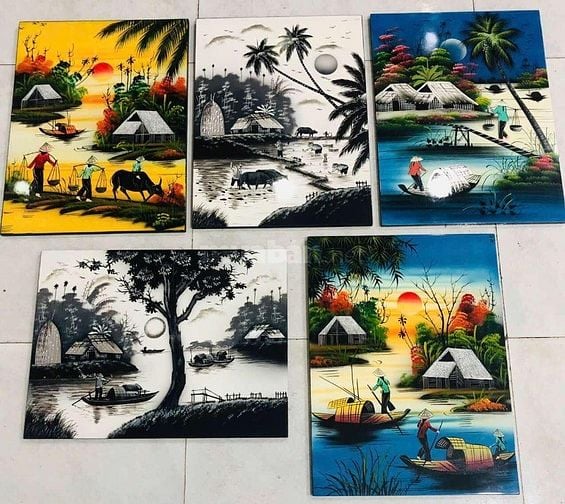 tranh sơn mài, bán tranh sơn mài đồng quê, tranh tặng tân gia